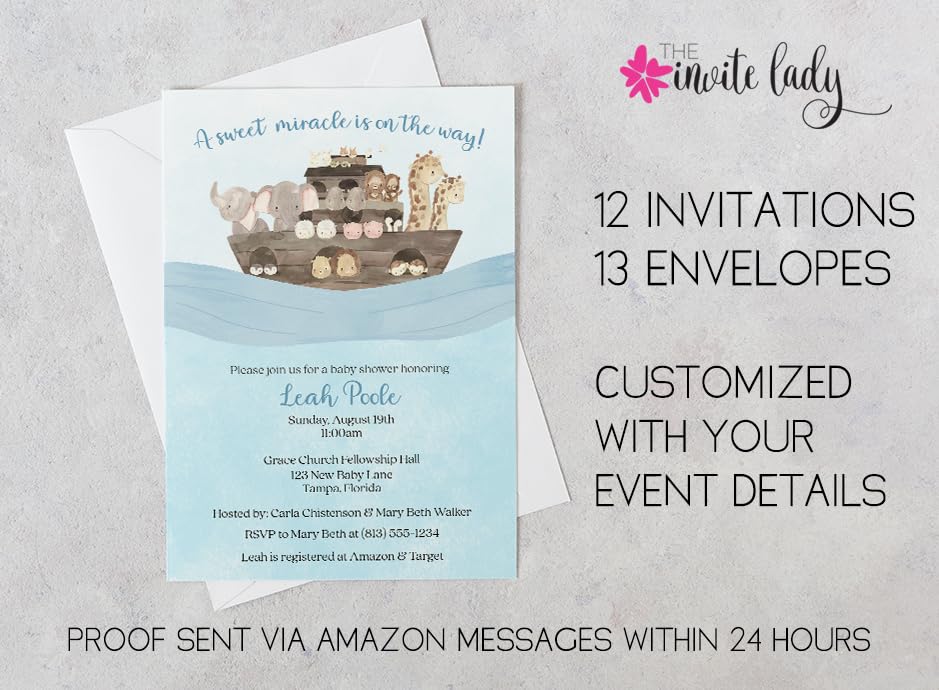 Baby Shower Invitations Noahs Ark Invites Watercolor Noah's Arc Religous Christian Little Miracle New Plan Rescheduled Event Postponed Boy Girl Unisex Customized Printed Cards (12 Count) from The Invite Lady