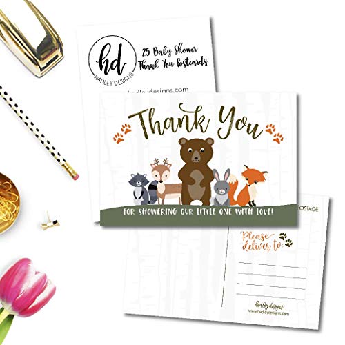25 Girl or Boy Woodland Baby Shower Thank You Note Card Bulk Set, Blank Cute Animals Gender Reveal Neutral Sprinkle Postcards, No Envelope Needed For Party Gift, Personalize Printable Cardstock from Hadley Designs