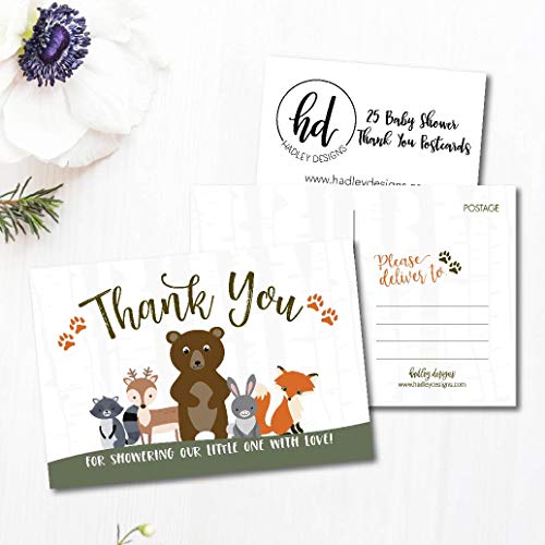 25 Girl or Boy Woodland Baby Shower Thank You Note Card Bulk Set, Blank Cute Animals Gender Reveal Neutral Sprinkle Postcards, No Envelope Needed For Party Gift, Personalize Printable Cardstock from Hadley Designs