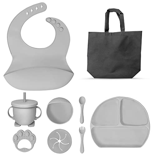 Kzonex 9-Pc. Baby Feeding Set, Silicone Baby Bib with Food Catcher, Suction Cup Plate and Bowl, Kid Safe Fork and Spoon, Sippy Cup with Straw and Snack Lids, BPA Free, Dishwasher Safe by Kzonex