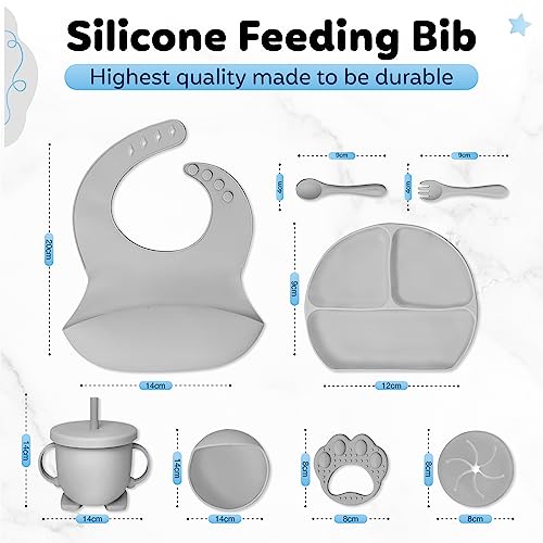 Kzonex 9-Pc. Baby Feeding Set, Silicone Baby Bib with Food Catcher, Suction Cup Plate and Bowl, Kid Safe Fork and Spoon, Sippy Cup with Straw and Snack Lids, BPA Free, Dishwasher Safe by Kzonex