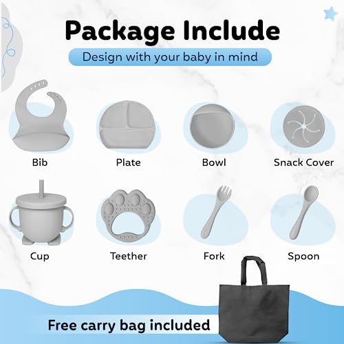 Kzonex 9-Pc. Baby Feeding Set, Silicone Baby Bib with Food Catcher, Suction Cup Plate and Bowl, Kid Safe Fork and Spoon, Sippy Cup with Straw and Snack Lids, BPA Free, Dishwasher Safe by Kzonex
