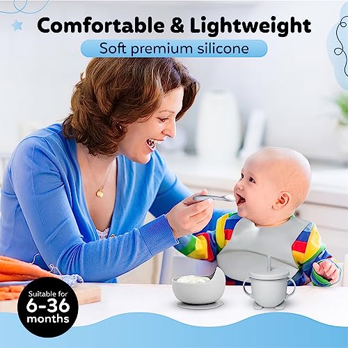 Kzonex 9-Pc. Baby Feeding Set, Silicone Baby Bib with Food Catcher, Suction Cup Plate and Bowl, Kid Safe Fork and Spoon, Sippy Cup with Straw and Snack Lids, BPA Free, Dishwasher Safe by Kzonex