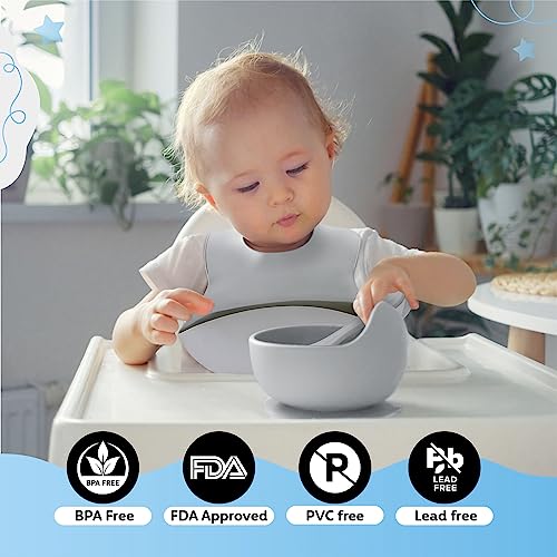 Kzonex 9-Pc. Baby Feeding Set, Silicone Baby Bib with Food Catcher, Suction Cup Plate and Bowl, Kid Safe Fork and Spoon, Sippy Cup with Straw and Snack Lids, BPA Free, Dishwasher Safe by Kzonex
