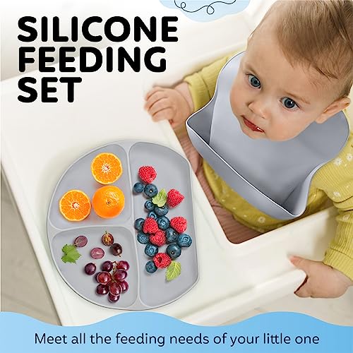 Kzonex 9-Pc. Baby Feeding Set, Silicone Baby Bib with Food Catcher, Suction Cup Plate and Bowl, Kid Safe Fork and Spoon, Sippy Cup with Straw and Snack Lids, BPA Free, Dishwasher Safe by Kzonex