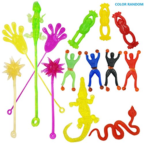 DoDoMagxanadu 14 Pack Vinyl Assorted Stretchy Sticky Toy Novelty Fidget Toy Including Large Sticky Hands, Wall Climber Men, Hammers, Snakes,Lizards,Crocodile and Flying Frogs for Party Favor Kids from Mx