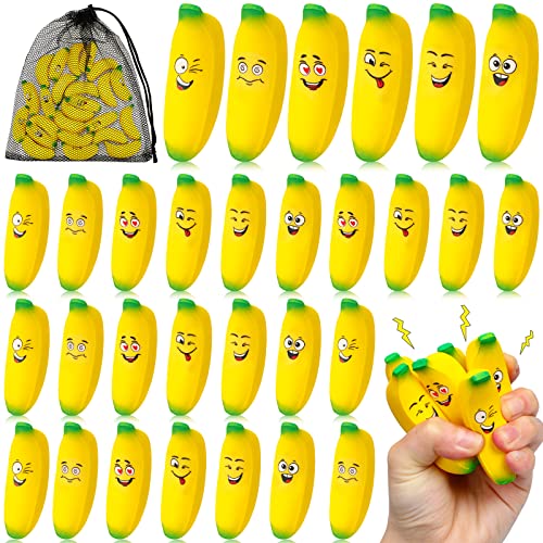 Woanger 24 Pcs Mini Banana Stress Toys Banana Stretchy Toys Ball with Emotions Banana Stress Relief Fidget Toy with Storage Bag for Anxiety Relief School Party Favor Carnival Supplies, 6 Expressions from Woanger