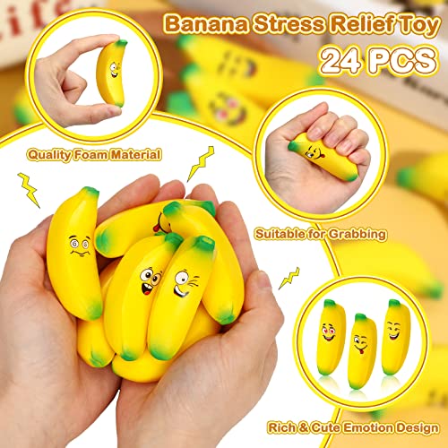 Woanger 24 Pcs Mini Banana Stress Toys Banana Stretchy Toys Ball with Emotions Banana Stress Relief Fidget Toy with Storage Bag for Anxiety Relief School Party Favor Carnival Supplies, 6 Expressions from Woanger