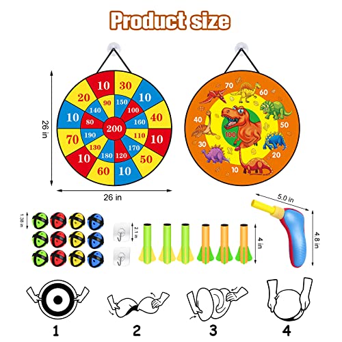 Dart Board for Kids, 26â' Safe Dartboard with 12 Sticky Balls 1 Toy Guns 6 Dart Bullets, Dinosaur Toys Gifts for 3 4 5 6 7 8 9 10 11 12 Year Old Boys and Girls, Indoor & Outdoor Party Carnival Games from GDMYST