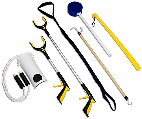 RMS 7-Piece Hip Knee Replacement Kit with Leg Lifter, 19 and 32 inch Rotating Reacher Grabber, Long Handle Shoe Horn, Sock Aid, Dressing Stick, Bath Sponge - Ideal for Knee or Back Surgery Recovery from Royal Medical Solutions