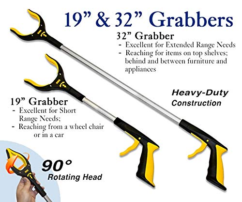 2-Pack 32 Inch and 19 Inch Grabber Reacher with Rotating Jaw - Mobility Aid Reaching Assist Tool by Royal Medical Solutions
