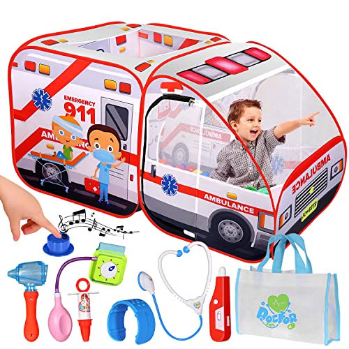 Ambulance Pop-up Play Tent for Kids with Sounds, Doctor Kit & Ball Pit for Toddlers & Up - Easy Setup Pop up Toy, Kids Tent for Indoor & Outdoor, Emergency Vehicle Playset, Pretend Play, Great Gift by Kiddzery