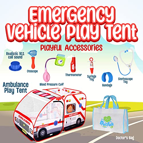 Ambulance Pop-up Play Tent for Kids with Sounds, Doctor Kit & Ball Pit for Toddlers & Up - Easy Setup Pop up Toy, Kids Tent for Indoor & Outdoor, Emergency Vehicle Playset, Pretend Play, Great Gift by Kiddzery