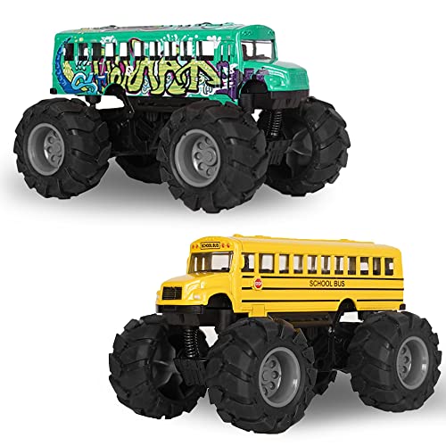 Crelloci School Bus Monster Truck Toy - 2 Pack Set Die Cast Yellow School Bus Toy, Pull Back Car Toys, Big Wheel Monster Truck Play Vehicles Gifts for Toddlers, Kids, Boys by Crelloci