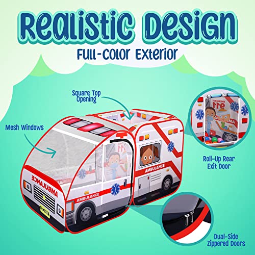 Ambulance Pop-up Play Tent for Kids with Sounds, Doctor Kit & Ball Pit for Toddlers & Up - Easy Setup Pop up Toy, Kids Tent for Indoor & Outdoor, Emergency Vehicle Playset, Pretend Play, Great Gift by Kiddzery