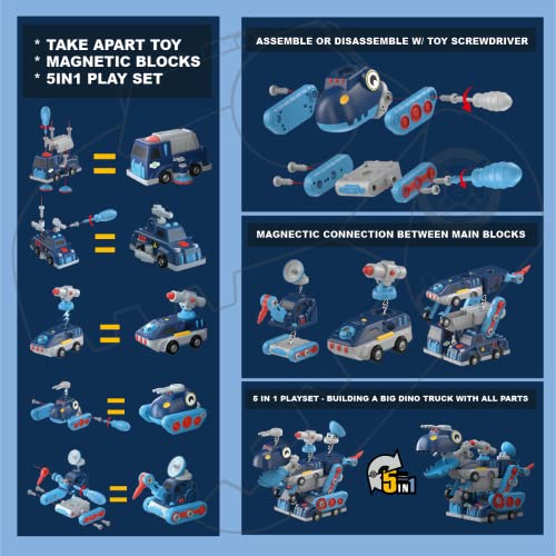 Toys for 5+ Year Old Boys, Assembled Robot Dinosaur, Magnetic Building Blocks Vehicles Play Set, Cars & Trucks Transform Into Robo Dino T-rex, Engineering STEM Toys & Gifts for Kids Aged 5 6 7 8 9 10+ by Pairez Toys