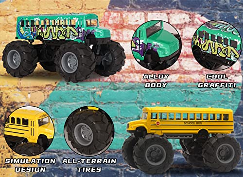 Crelloci School Bus Monster Truck Toy - 2 Pack Set Die Cast Yellow School Bus Toy, Pull Back Car Toys, Big Wheel Monster Truck Play Vehicles Gifts for Toddlers, Kids, Boys by Crelloci