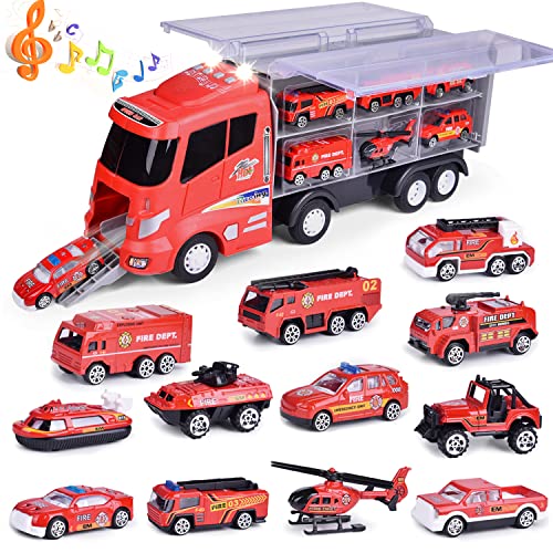 FUN LITTLE TOYS 12 in 1 Die-cast Fire Truck Toys Car Carrier Truck with Fire Engine Cars, 16" Transport Fire Truck Firetruck for Boys & Kids from FUN LITTLE TOYS
