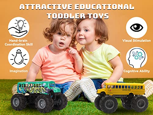 Crelloci School Bus Monster Truck Toy - 2 Pack Set Die Cast Yellow School Bus Toy, Pull Back Car Toys, Big Wheel Monster Truck Play Vehicles Gifts for Toddlers, Kids, Boys by Crelloci