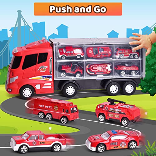 FUN LITTLE TOYS 12 in 1 Die-cast Fire Truck Toys Car Carrier Truck with Fire Engine Cars, 16" Transport Fire Truck Firetruck for Boys & Kids from FUN LITTLE TOYS