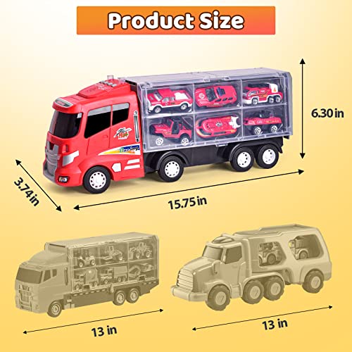 FUN LITTLE TOYS 12 in 1 Die-cast Fire Truck Toys Car Carrier Truck with Fire Engine Cars, 16" Transport Fire Truck Firetruck for Boys & Kids from FUN LITTLE TOYS