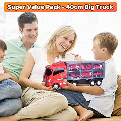 FUN LITTLE TOYS 12 in 1 Die-cast Fire Truck Toys Car Carrier Truck with Fire Engine Cars, 16" Transport Fire Truck Firetruck for Boys & Kids from FUN LITTLE TOYS