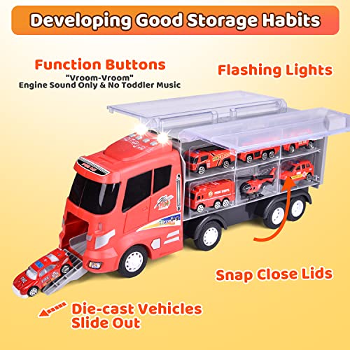 FUN LITTLE TOYS 12 in 1 Die-cast Fire Truck Toys Car Carrier Truck with Fire Engine Cars, 16" Transport Fire Truck Firetruck for Boys & Kids from FUN LITTLE TOYS