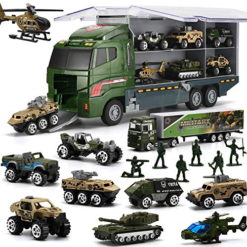 26 Pcs Military Truck with Soldier Men Set(2 in 1), Mini Die-cast Battle Car in Carrier Truck, Army Toy Double Side Transport Vehicle for Kid Child Girl Boy Play Birthday Party Favors by Byonebye