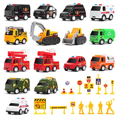 Vehicles Toys Set Pull Back Cars with 2 Play Mats, Die Cast Toy Cars,15 Toy Cars Include Construction Vehicles, fire Vehicles, etc.10 Road Signs 4 Dolls,Car Toys for Toddlers 3+ Years Old from Zhangzhou Shancheng Trading Co.,Ltd