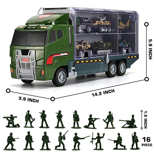 26 Pcs Military Truck with Soldier Men Set(2 in 1), Mini Die-cast Battle Car in Carrier Truck, Army Toy Double Side Transport Vehicle for Kid Child Girl Boy Play Birthday Party Favors by Byonebye