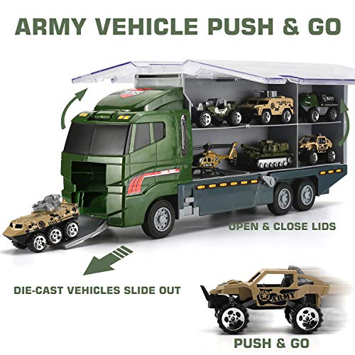 26 Pcs Military Truck with Soldier Men Set(2 in 1), Mini Die-cast Battle Car in Carrier Truck, Army Toy Double Side Transport Vehicle for Kid Child Girl Boy Play Birthday Party Favors by Byonebye
