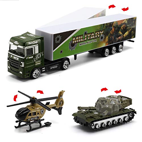 26 Pcs Military Truck with Soldier Men Set(2 in 1), Mini Die-cast Battle Car in Carrier Truck, Army Toy Double Side Transport Vehicle for Kid Child Girl Boy Play Birthday Party Favors by Byonebye