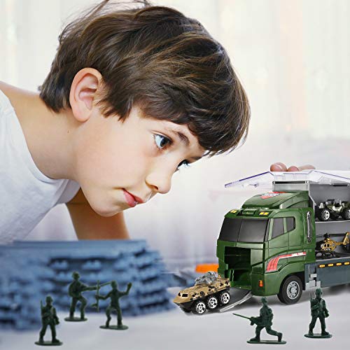 26 Pcs Military Truck with Soldier Men Set(2 in 1), Mini Die-cast Battle Car in Carrier Truck, Army Toy Double Side Transport Vehicle for Kid Child Girl Boy Play Birthday Party Favors by Byonebye