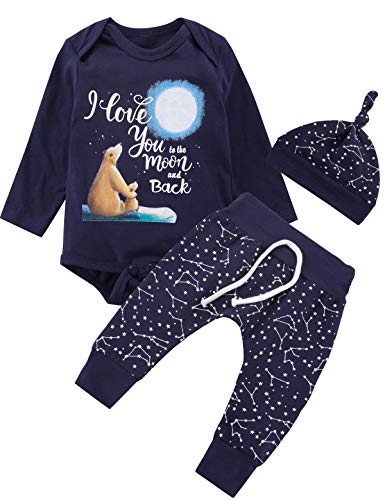 Baby Boys 3PCS Outfit Set Baby Bear Family The Moon and Back Long Sleeve Romper Starry Sky Pants with Hat (Blue05, 0-3 Months) by 