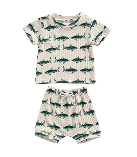 Newborn Baby Boys Summer Cute Clothes Sets 2pcs 0-18M Animal Printed Short Sleeve Pullover T Shirts Tops Shorts (Beige , 12-18 Months ) from MA&BABY