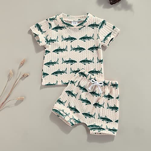 Newborn Baby Boys Summer Cute Clothes Sets 2pcs 0-18M Animal Printed Short Sleeve Pullover T Shirts Tops Shorts (Beige , 12-18 Months ) from MA&BABY