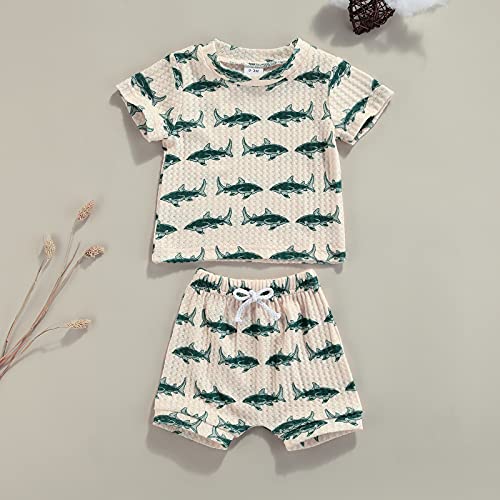 Newborn Baby Boys Summer Cute Clothes Sets 2pcs 0-18M Animal Printed Short Sleeve Pullover T Shirts Tops Shorts (Beige , 12-18 Months ) from MA&BABY