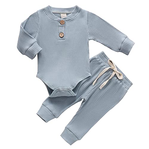 Newborn Baby Boy Girl Clothes Long Sleeve Button Romper Drawstring Pants Outfits Unisex Baby Clothes Fall by 