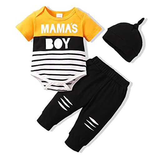 Newborn Baby Boy Outfits Summer Outfits Infant Boy Clothes Cute Baby Boy Gift 3PCS Cotton Short Sleeve Yellow Romper Ripped Pants Clothing Sets Baby Boy Clothes 3-6 Months by 