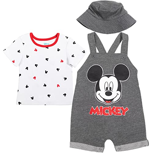 Disney Mickey Mouse Baby Boys French Terry Shortalls T-Shirt Hat Set Grey 3-6 Months by Bentex Group, Inc.
