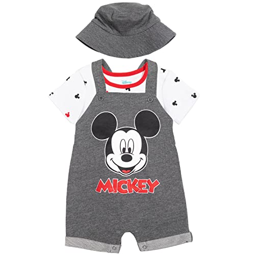 Disney Mickey Mouse Baby Boys French Terry Shortalls T-Shirt Hat Set Grey 3-6 Months by Bentex Group, Inc.