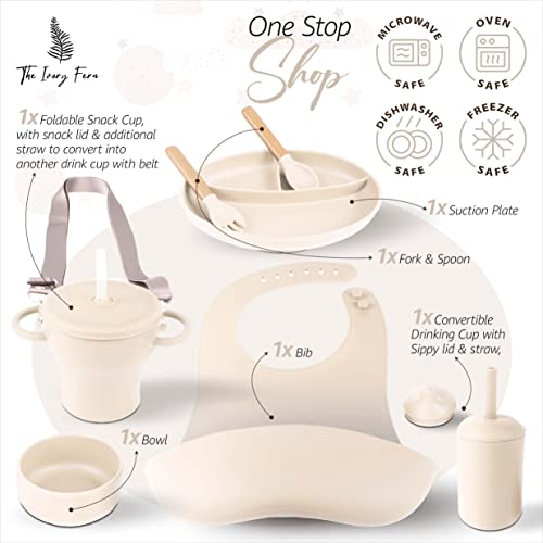 The Ivory Fern Silicone Baby Feeding Set, Baby Plates and Bowls Set, Bib, Convertible Drinking, Snack Cups with Straw, Portable Baby Feeding Supplies by 