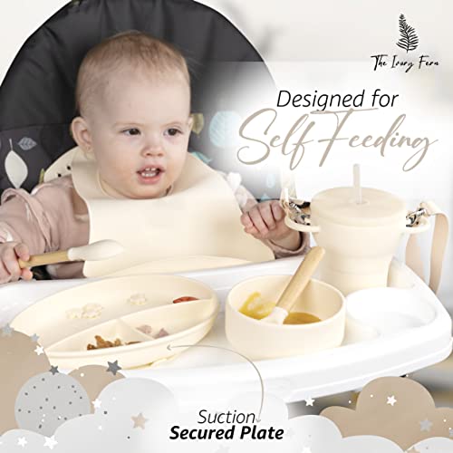 The Ivory Fern Silicone Baby Feeding Set, Baby Plates and Bowls Set, Bib, Convertible Drinking, Snack Cups with Straw, Portable Baby Feeding Supplies by 
