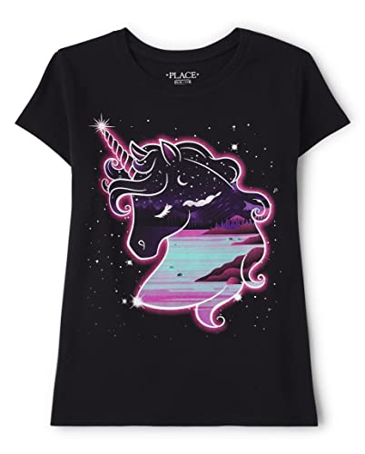 The Children's Place Girls' Short Sleeve Graphic T-Shirt, Black Unicorn, Medium by The Children's Place
