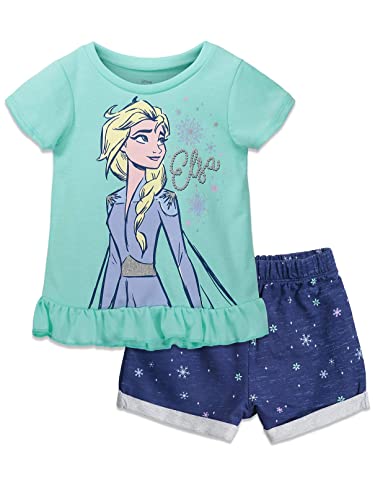 Disney Frozen Elsa Toddler Girls T-Shirt and French Terry Shorts Outfit Set Mint 4T by 