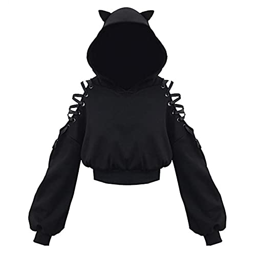 Aniywn Teen Girls Hoodies Cute Cat Ear Crop Top Gothic Hooded Sweatshirt Women Casual Long Sleeve Pullover Hodies Black from Aniywn
