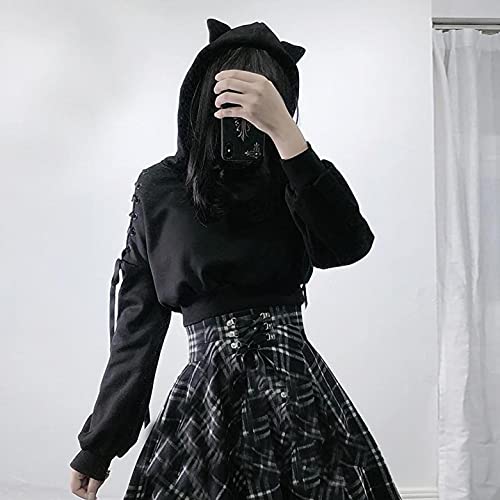 Aniywn Teen Girls Hoodies Cute Cat Ear Crop Top Gothic Hooded Sweatshirt Women Casual Long Sleeve Pullover Hodies Black from Aniywn