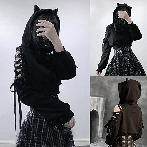 Aniywn Teen Girls Hoodies Cute Cat Ear Crop Top Gothic Hooded Sweatshirt Women Casual Long Sleeve Pullover Hodies Black from Aniywn