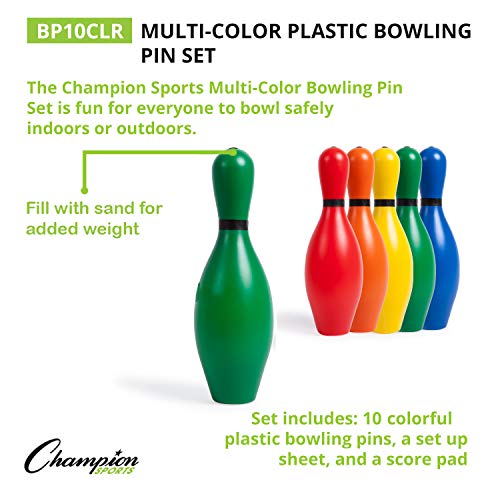 Champion Sports Multi-Color Plastic Bowling Pins: Set for Training & Kids Games by Champion Sports