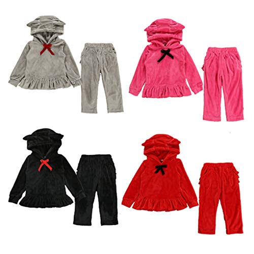 Girls Clothes Set Candy Color Velvet Bow Hooded Long Sleeve + Pant (Black, 3-4T) from CD